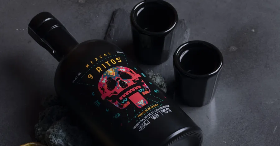 Bottle of Mezcal 9 Ritos showing the skull label